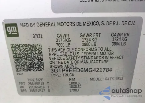 2021 GMC Sierra K1500 At4 из США, поврежденный, VIN 3GTP9EED6MG421784